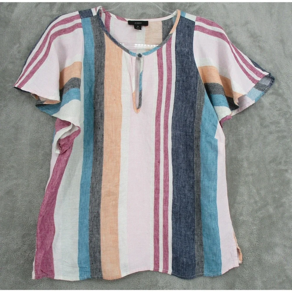 J Crew Shirt Womens 6 Linen Striped‎ Flutter Sleeve Ruffle Button Boho Coastal